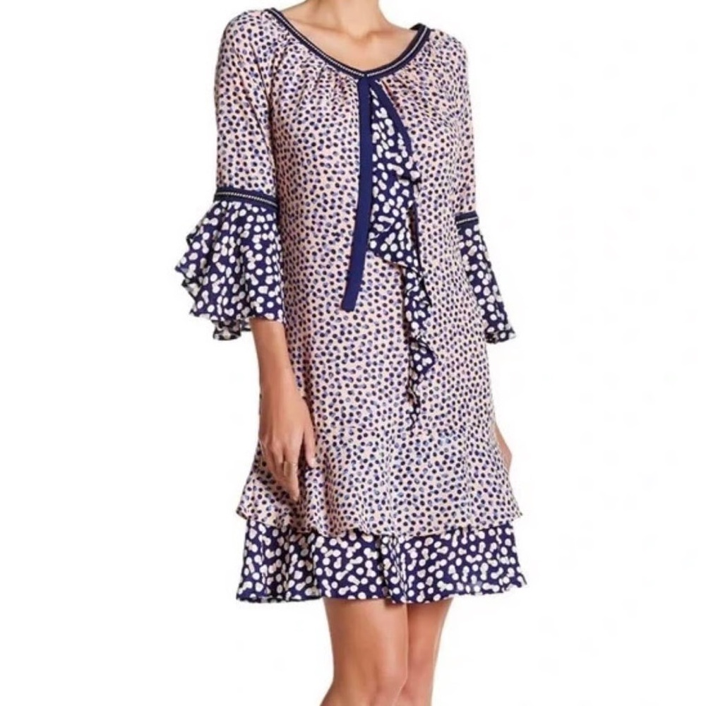 Nanette Lepore Polka Dot Ruffle Bell Sleeve Dress Size 8 Boho Chic Retro Party